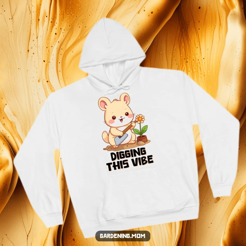 Funny Kawaii Gardening Animal Hoodie: A cute, happy animal with a trowel, planting a flower, designed for maximum warmth and smiles.