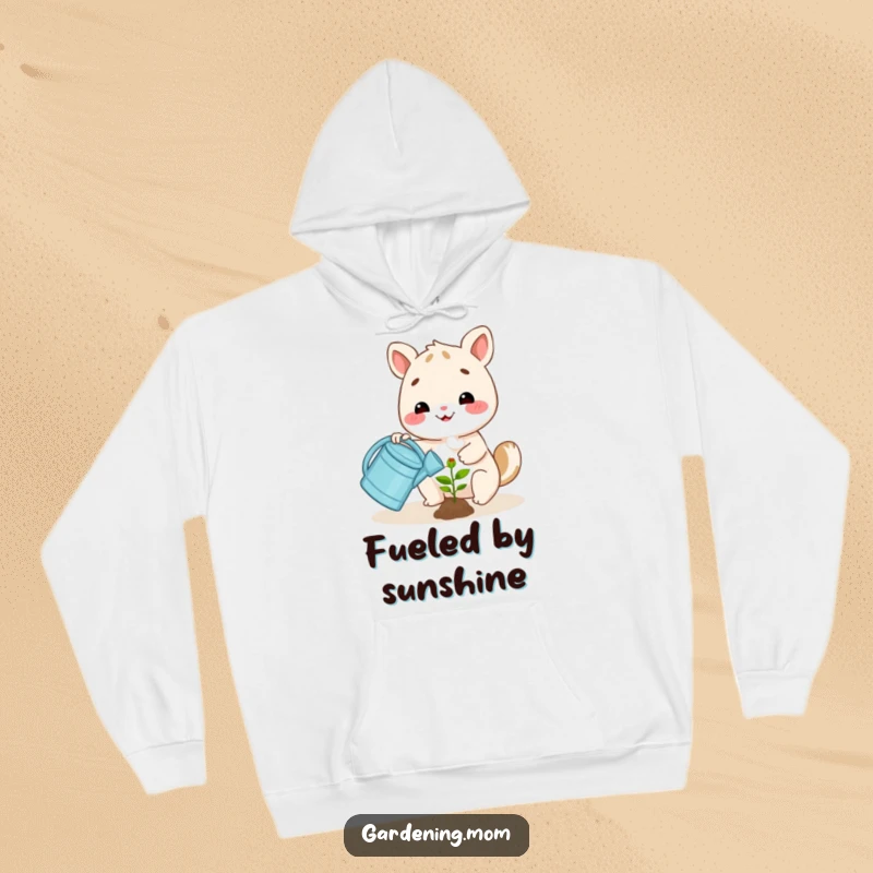 Funny happy animal character watering a small plant with a watering can, featured on a warm and cozy hoodie.