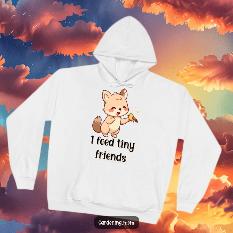 Funny Hoodie: Gentle animal character extending a hand to feed a small bird, embodying warmth, care, and a loving spirit.