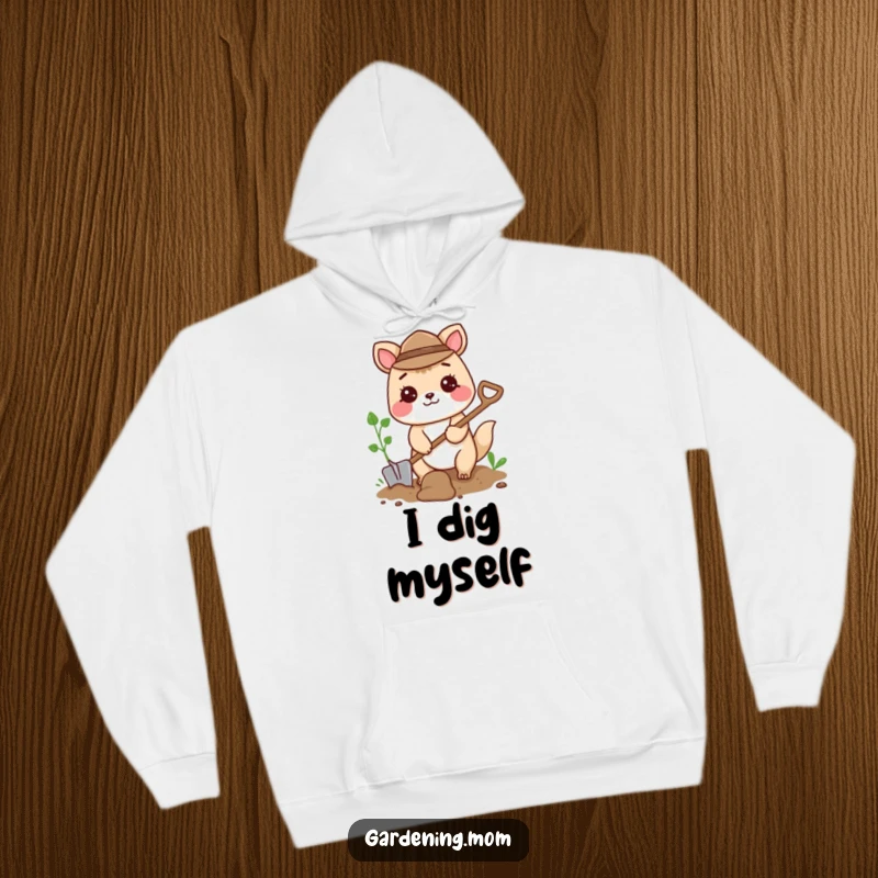 Funny hoodie featuring a happy gardening animal character busy digging with a small shovel, perfect for cozy workers.