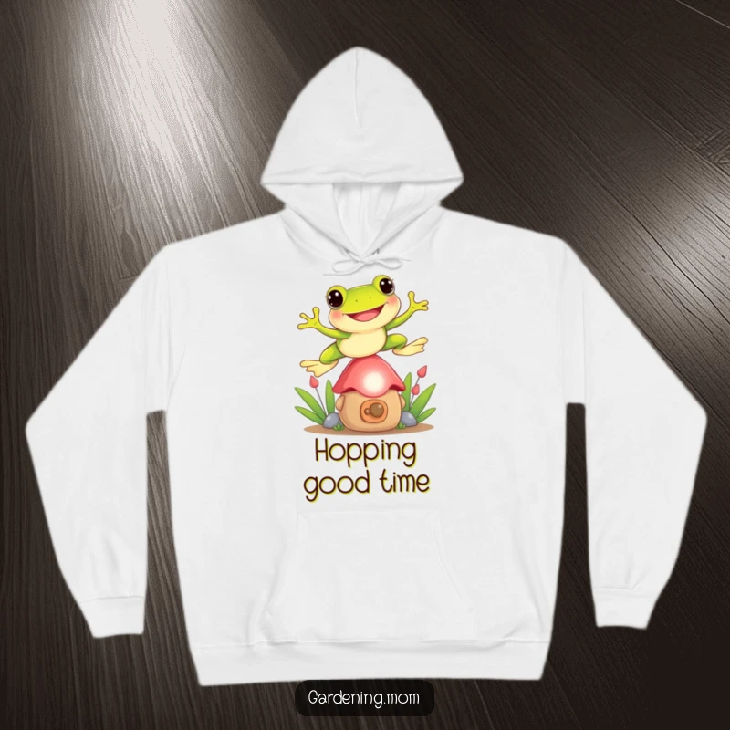 Funny Frog hoodie featuring a playful frog jumping over a garden gnome, offering warmth and humorous garden-themed comfort.