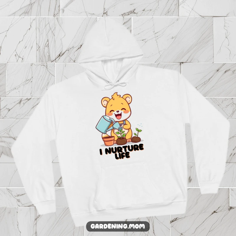 Funny gardening animal hoodie: a delighted critter joyfully waters a tiny green sprout with a watering can, symbolizing nurturing and growth in comfort.