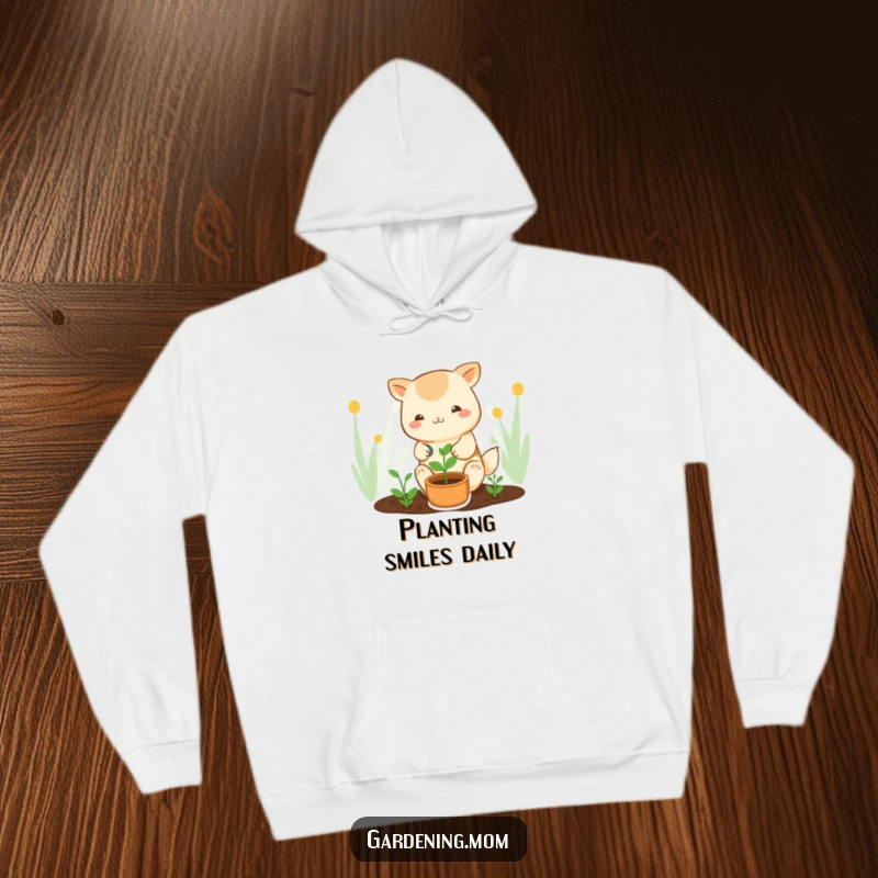 Funny kawaii gardening hoodie featuring a cute animal character tenderly watering a sprout, offering warmth and charm.