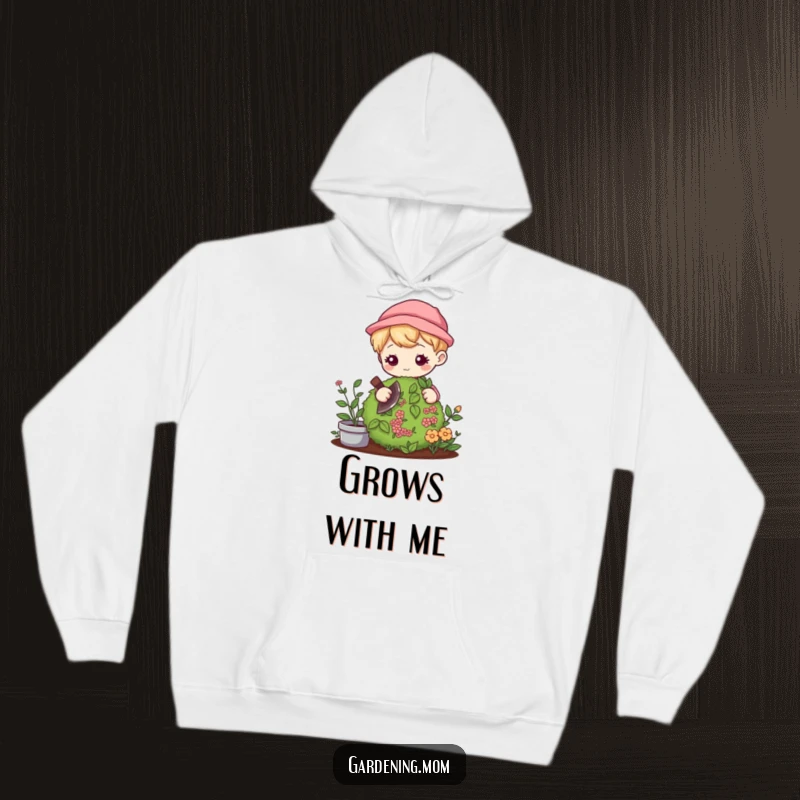 Funny Kawaii Gardener Hoodie: Cute character gently pruning a bush with focus, ideal for a cozy funny gift.
