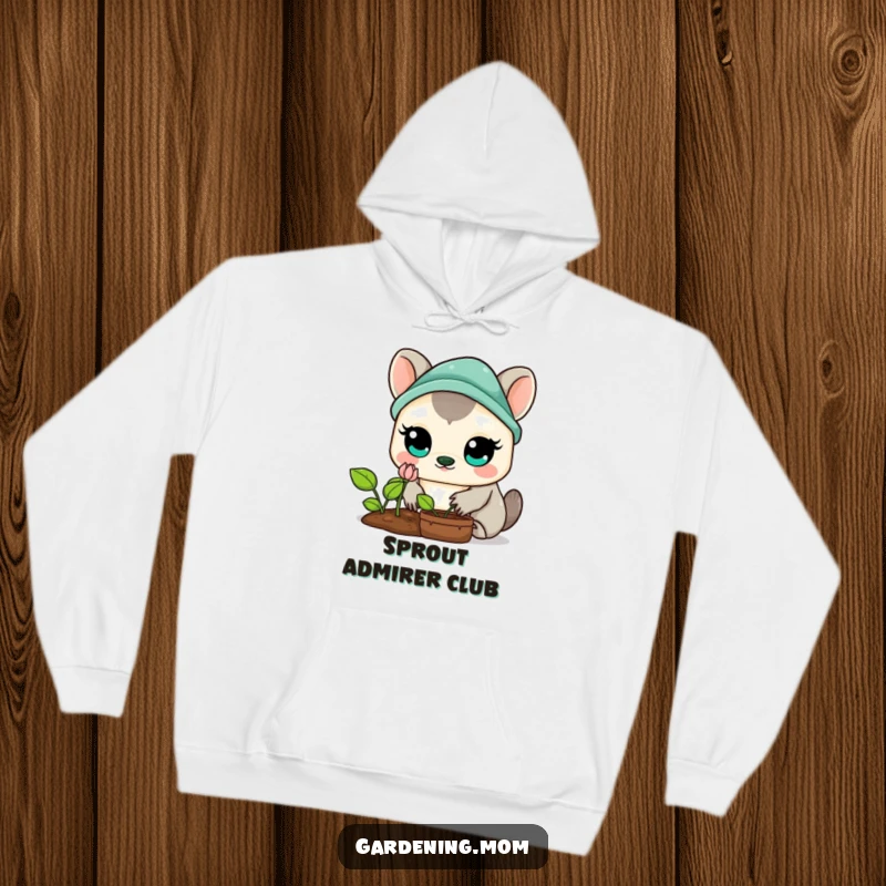 Funny Kawaii Gardening Animal Hoodie: A warm, fleece-lined hoodie featuring a captivated animal with wide eyes admiring a tiny sprout.