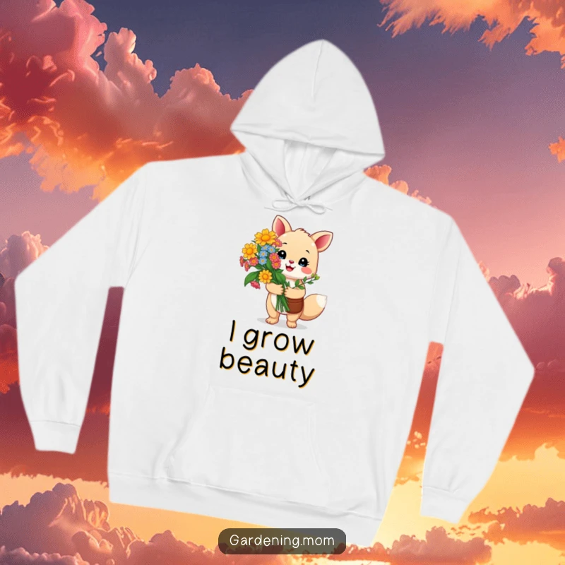 Funny gardening animal hoodie: a happy critter proudly holds a vibrant bouquet of colorful flowers, symbolizing pride and horticultural success.