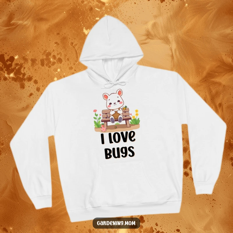 Funny gardening animal hoodie: a cheerful critter sits on a garden bench, happily admiring a small bug, finding joy in the details.