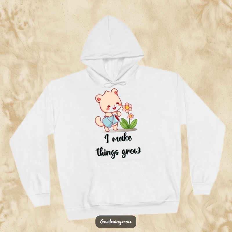 Funny hoodie showing a content animal character watering a lush flower, spreading smiles and garden vibes with cozy warmth.