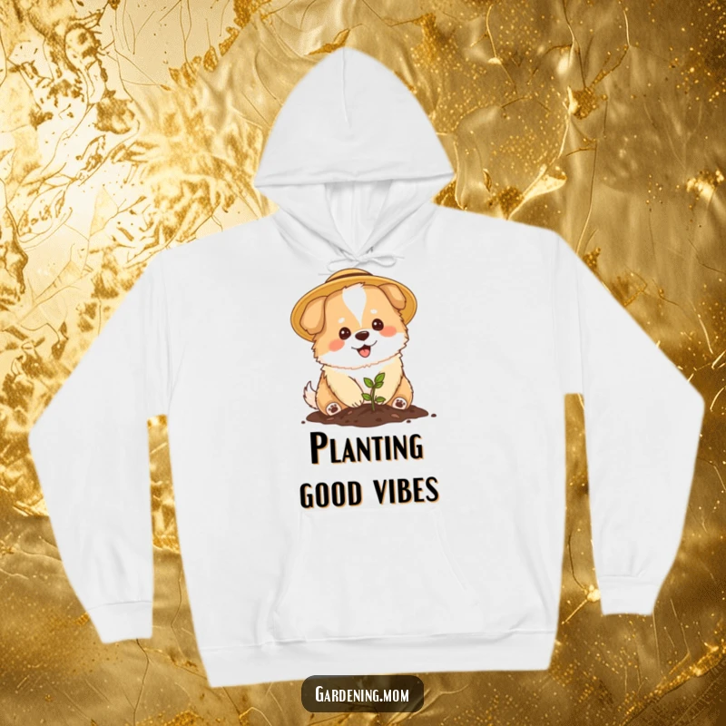 Funny Mama Dog Gardener Hoodie: A fluffy mama dog in a sun hat happily plants a seedling, perfect for cozy wear.