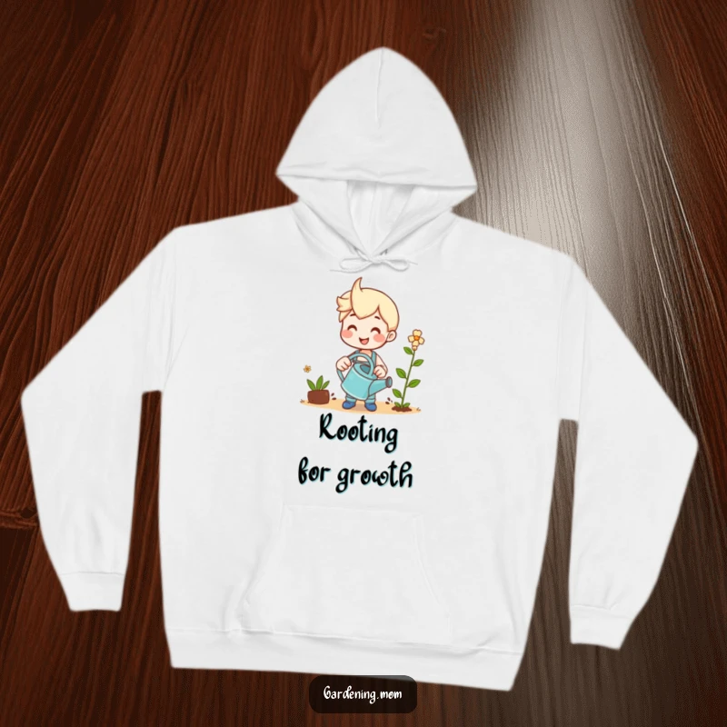 Funny hoodie featuring a smiling gardener holding a watering can, tending to a growing sprout.