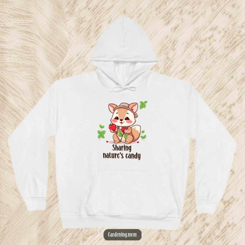 Funny gardening mom animal hoodie graphic: an animal mom offering a single, ripe berry, symbolizing generosity and garden bounty.