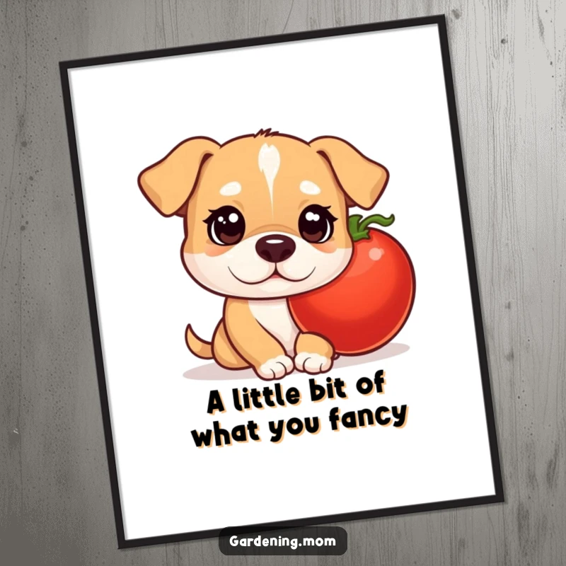 Funny Free Printable Wall Art: A mama dog with bright, curious eyes peeking from behind a large, ripe tomato.