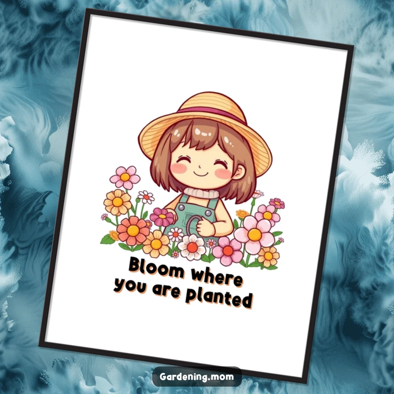 Funny Free Printable Wall Art: A smiling gardener in a straw hat is surrounded by a vibrant display of blooming flowers.