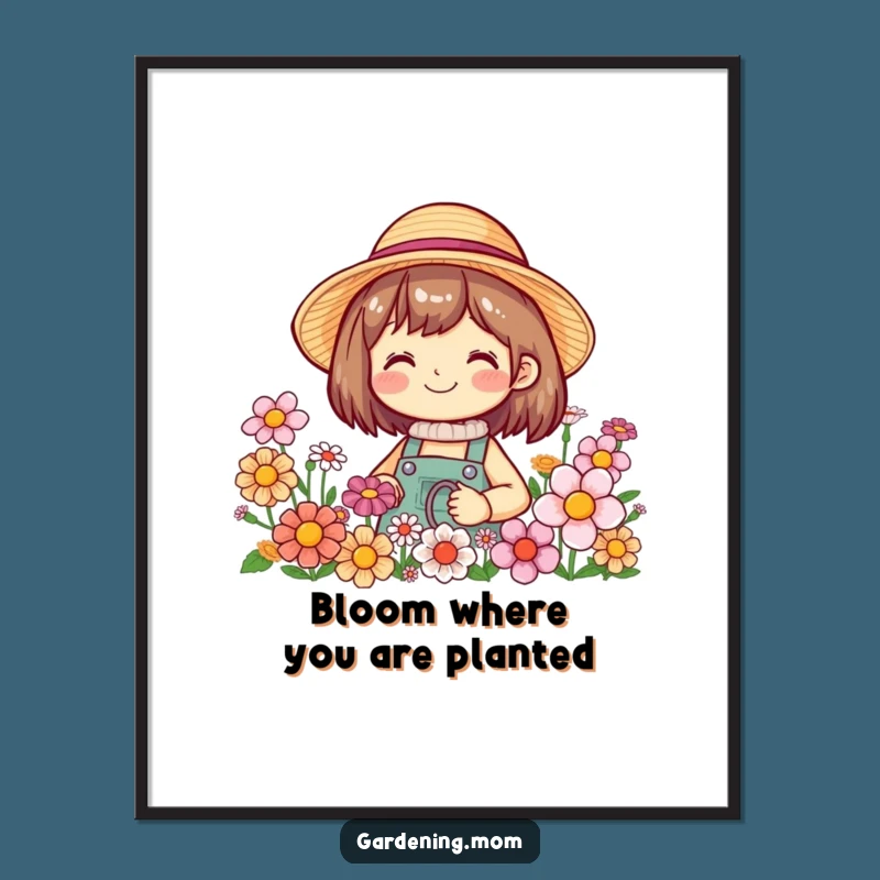 Funny Free Printable Wall Art: Smiling Gardener in Flowers, Cheerful Garden Decor