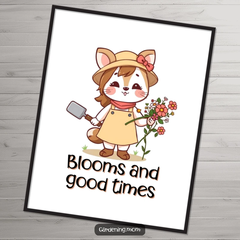 Funny free printable wall art: Mom animal character holding a garden trowel and a vibrant bundle of flowers.