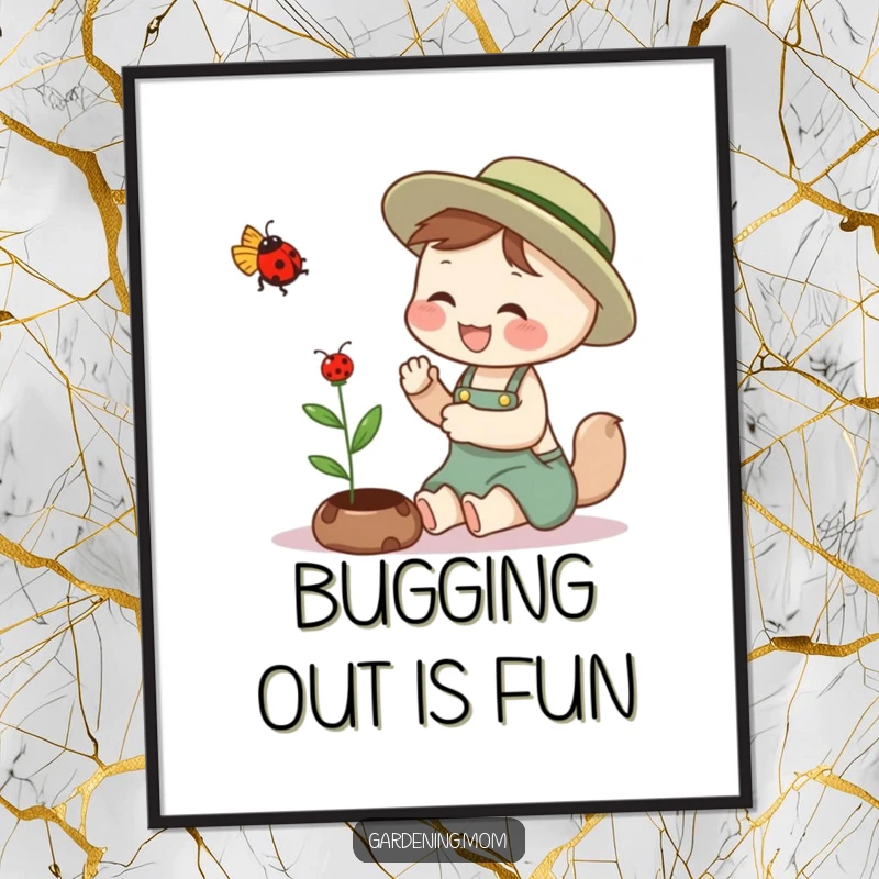 Funny Free Printable Wall Art: Giggling gardening mom animal petting a hovering ladybug, cheerful and cute, ideal downloadable art.