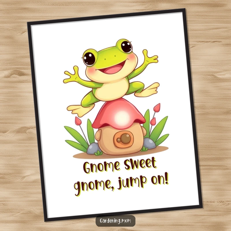 Funny Free Printable Wall Art: A happy, grinning frog caught mid-air, joyfully jumping over a tiny garden gnome.