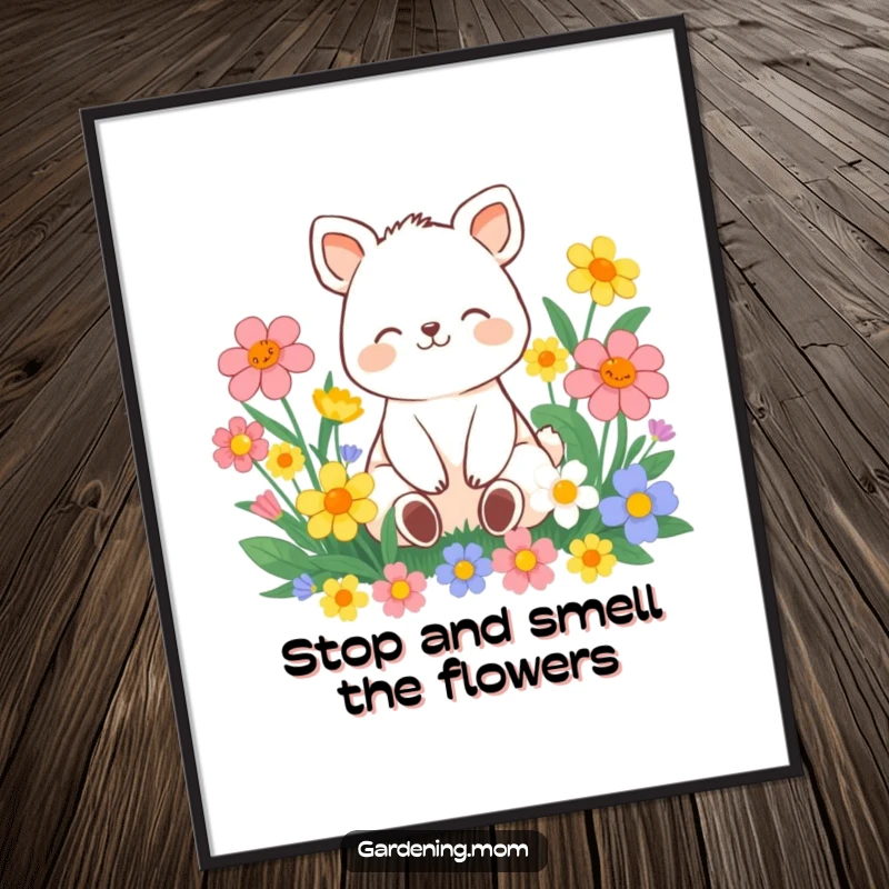 Funny Free Printable Wall Art of a contented animal character sitting peacefully amongst vibrant flowers with a gentle smile.