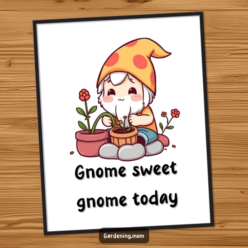 Funny Free Printable Wall Art: Adorable Kawaii gardener lovingly crafting a tiny garden gnome, adding a whimsical touch to any room.