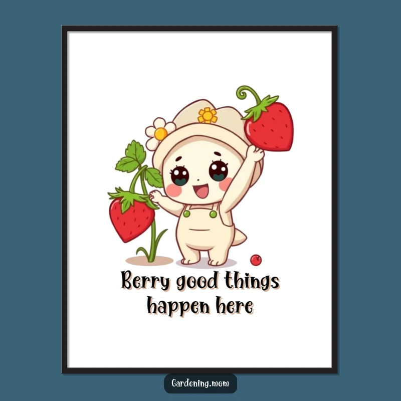 Free Printable Wall Art: Funny Kawaii Gardener & Strawberry, Downloadable Garden Art!