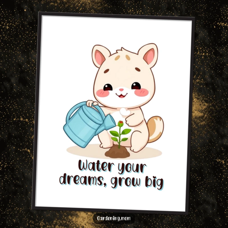 Funny Free Printable Wall Art depicts a happy animal character watering a small plant with a watering can.