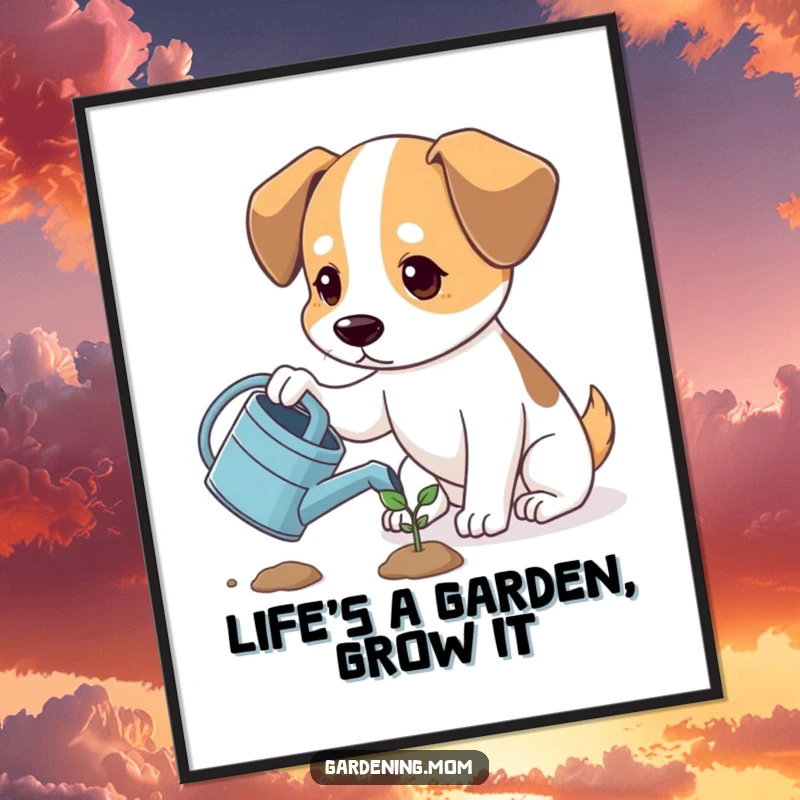 Funny free printable wall art of a hopeful dog watering a tiny sprout, perfect for adding whimsical charm.