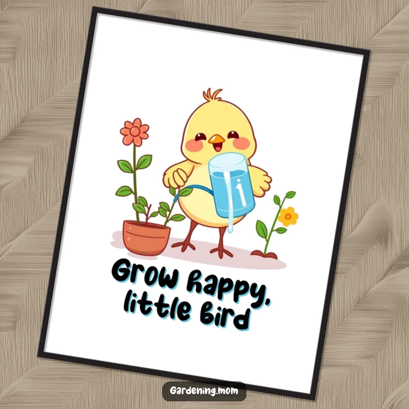 Funny Free Printable Wall Art: A cheerful little bird looks exceptionally proud while watering plants with a beak full of water.