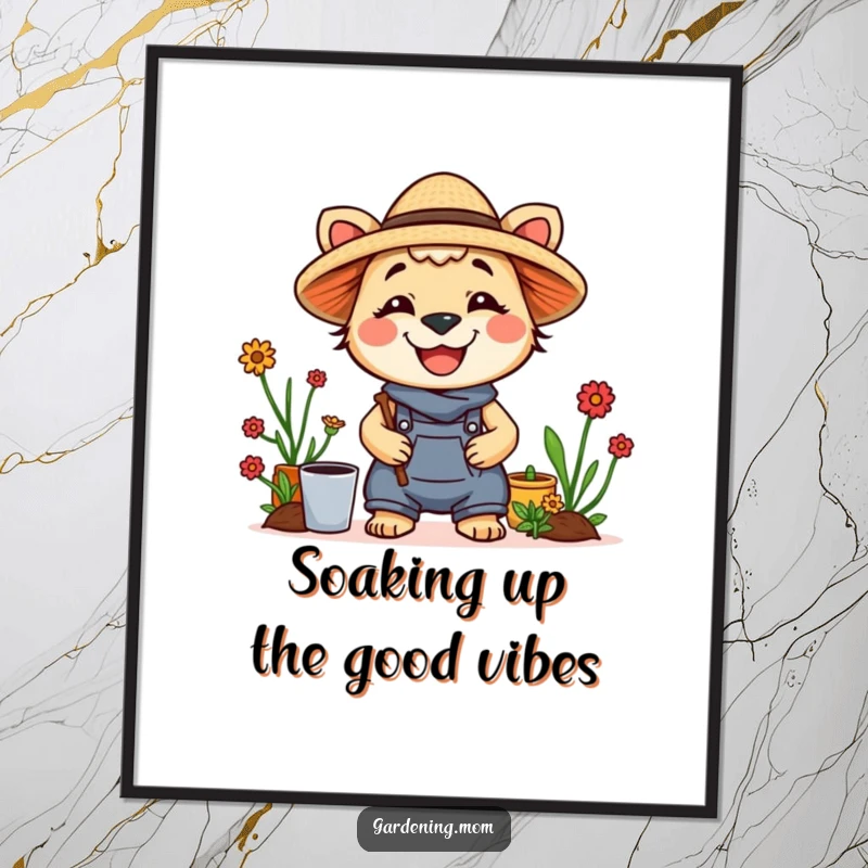 Funny free printable wall art: A happy mom animal character wearing a straw hat and smiling widely.