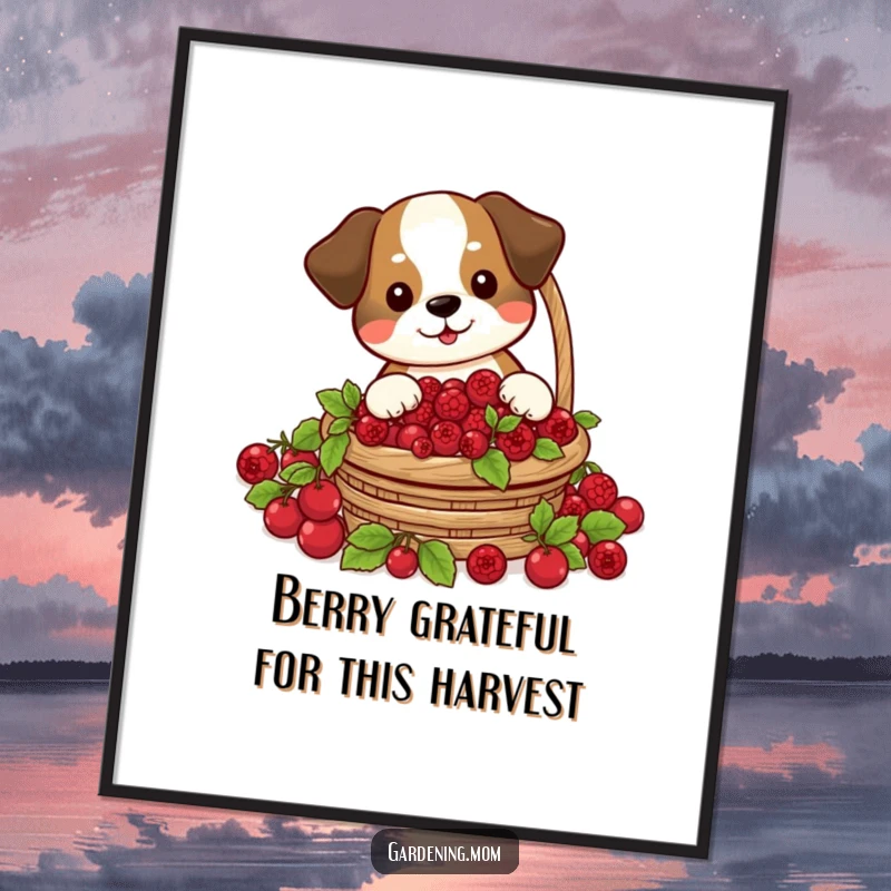 Funny Free Printable Wall Art: A dog happily harvests a basket overflowing with plump, vibrant red berries.
