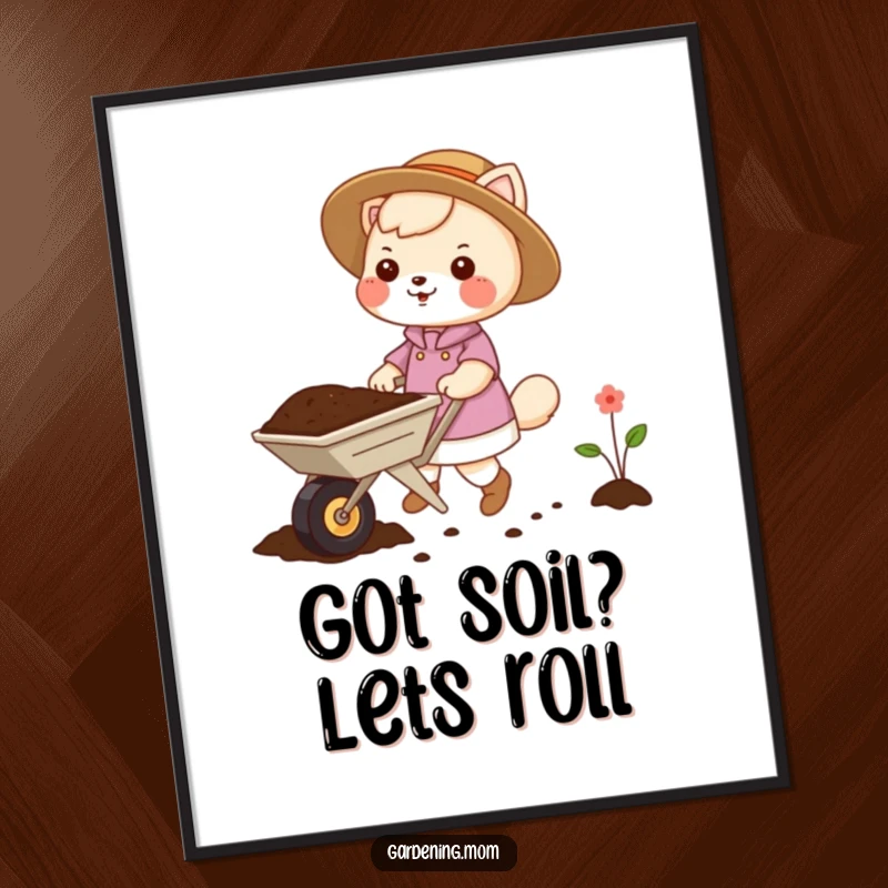 Funny Free Printable Wall Art: Gardening mom animal pushing a wheelbarrow full of soil, busy and cute, ideal downloadable art.