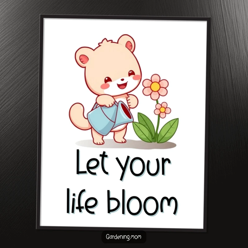 Funny Free Printable Wall Art: Charming animal character happily watering a lush, blooming flower in a garden setting.