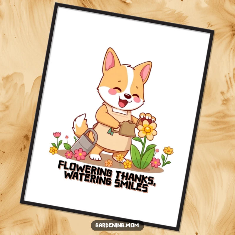 Funny Free Printable mama dog wall art of a dog in an apron enthusiastically watering a flower.