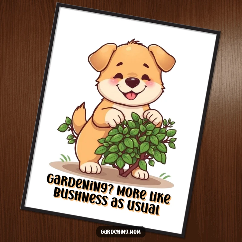 Funny Free Printable Wall Art: A dog with cheerful determination prunes a small bush, bringing garden humor to your decor.