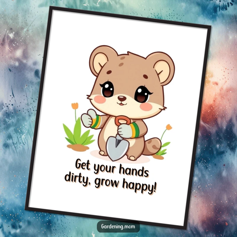 Funny Free Printable Wall Art: Animal Character in Gardening Gloves Holding a Small Shovel, Prepared for Planting