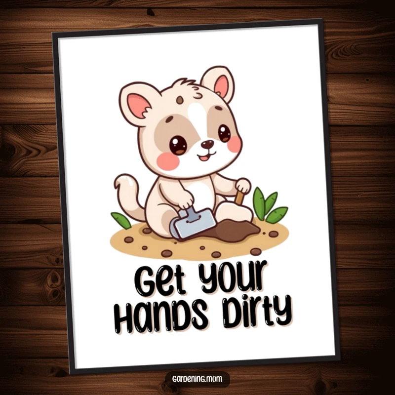 Funny Free Printable Wall Art: Goofy animal character digging enthusiastically in soil with a trowel, ready for adventure.