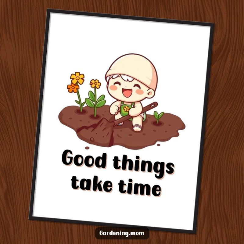 Funny Free Printable Wall Art: A joyful gardener is pictured happily digging into rich, dark soil with a smile.