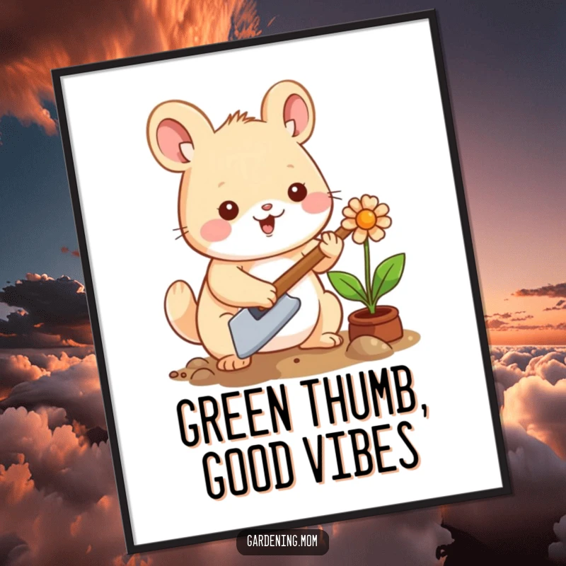 Funny Free Printable Wall Art: Kawaii animal gardener joyfully planting a flower with a trowel, cute decor.