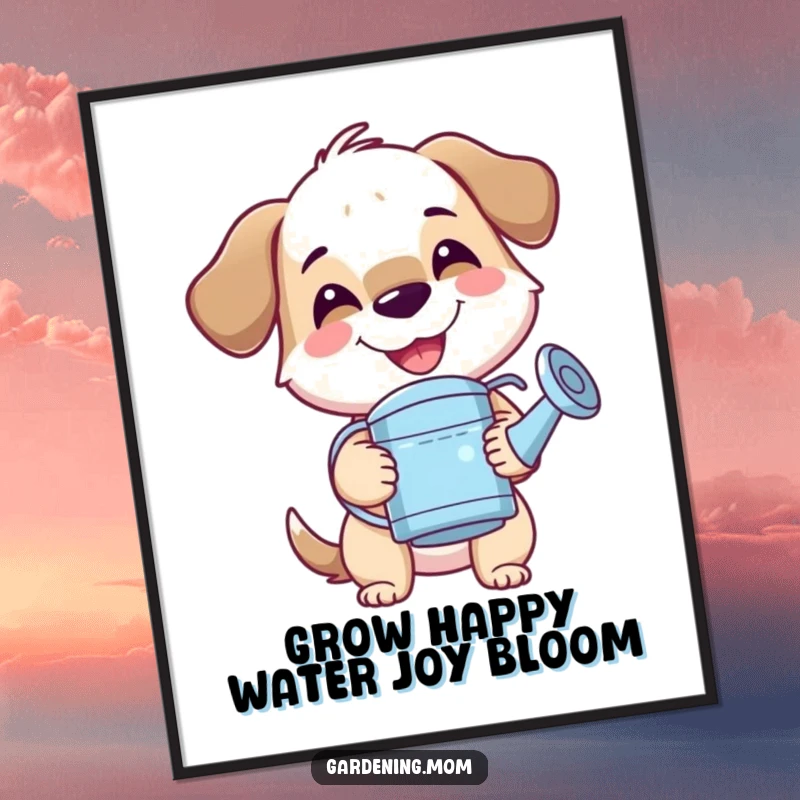 Funny Free Printable Wall Art: Mama dog beaming with joy, watering a vibrant garden with a watering can.