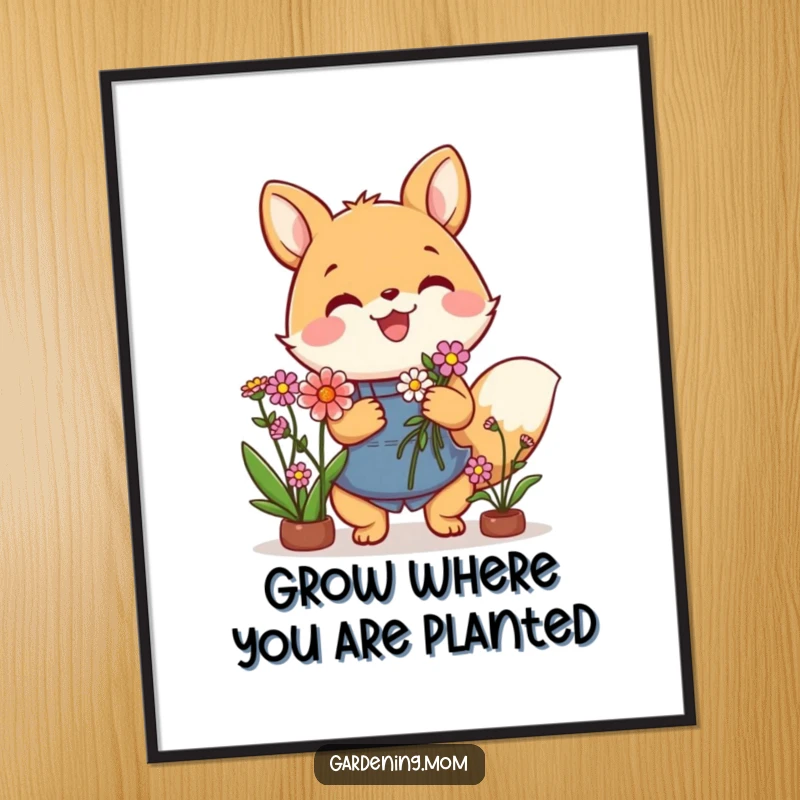 Funny free printable wall art featuring a cheerful animal character holding a huge bouquet of colorful flowers, exuding pure joy and happiness.