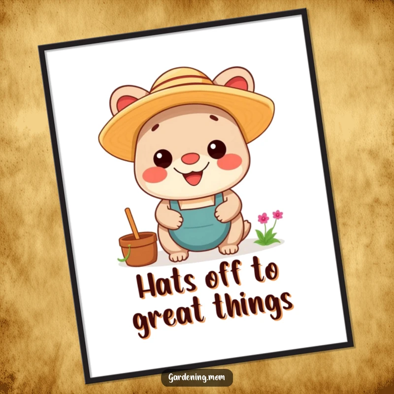 Funny Free Printable Wall Art: Kawaii animal in a straw hat, grinning with pride, cheerful and cute.