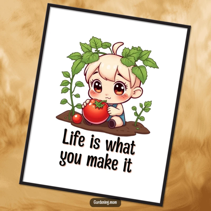 Funny Free Printable Wall Art: A gardener with wide, curious eyes inspects a large, delightful plump tomato.