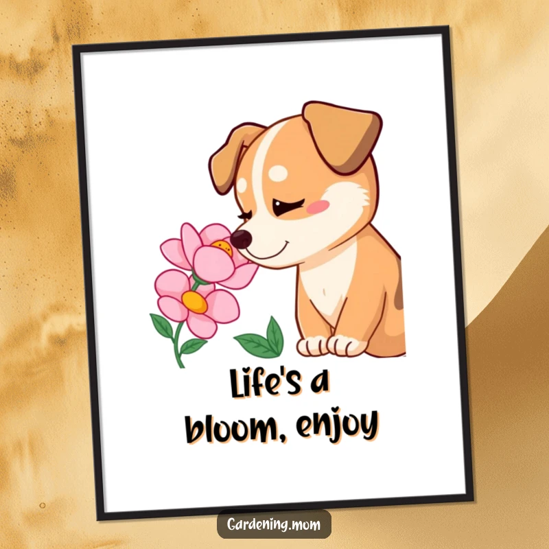Funny free printable wall art of a dog looking with pure delight at a blooming flower, radiating happiness.