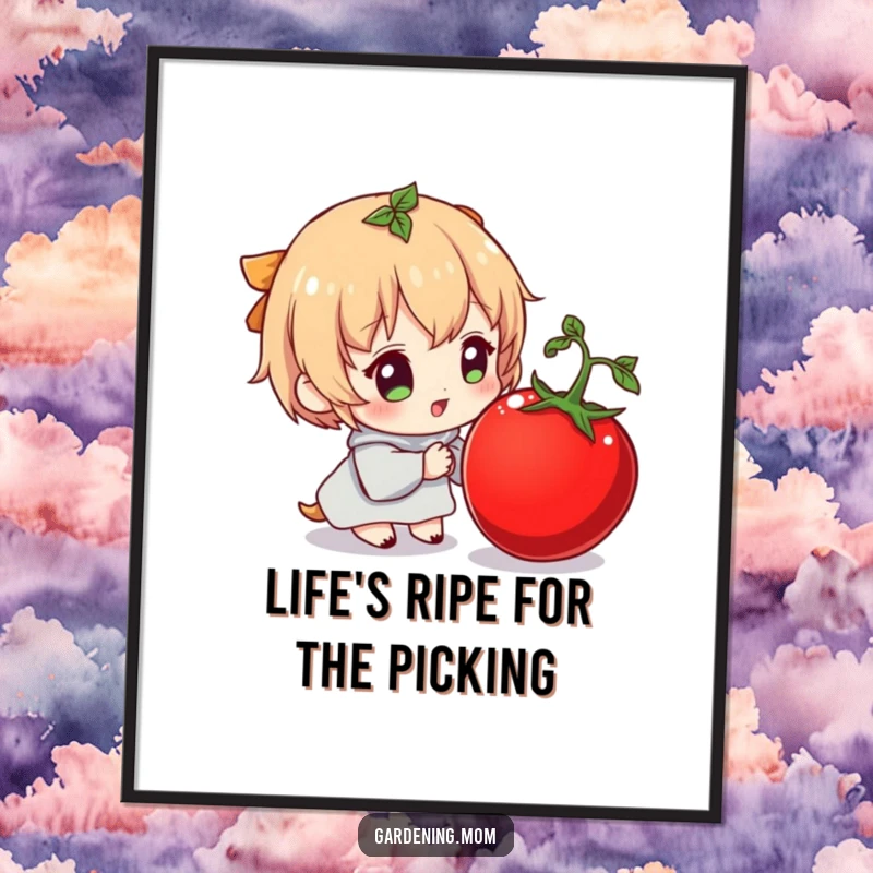 Funny Free Printable Wall Art: A character gazes with delight at a perfectly plump tomato, adding humor to decor.