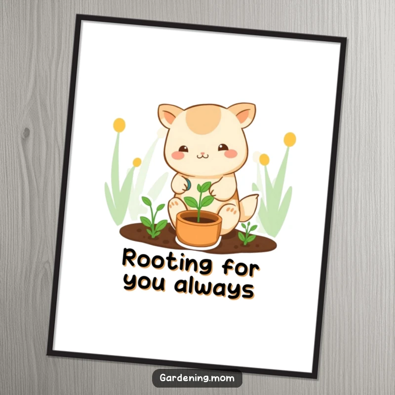 Funny Free Printable Wall Art of a kawaii gardening animal character tenderly watering a small green sprout, symbolizing nurturing and cuteness.
