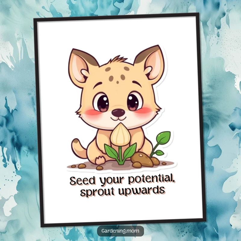 Funny Free Printable Wall Art depicts a curious animal character with wide eyes, intently watching a sprouting seed.