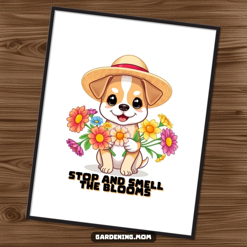 Funny free printable wall art of a dog in a sun hat holding colorful flowers, bringing a touch of summer joy.