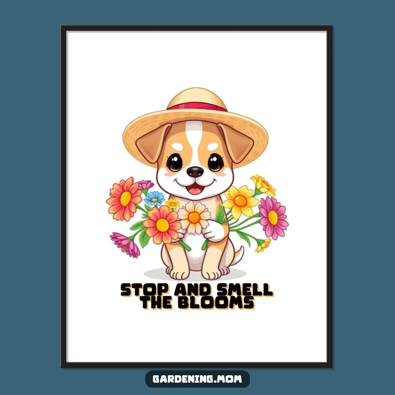 Free Printable Wall Art: Sunny Dog with Flowers, Funny Downloadable Decor