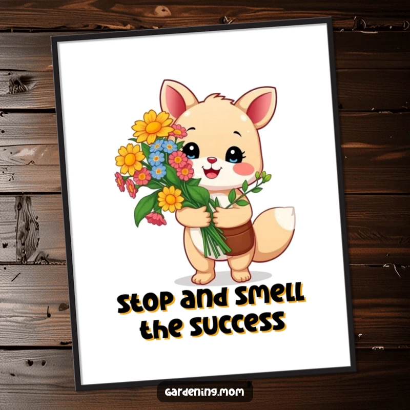 Funny Free Printable Wall Art: a happy gardening animal proudly holds a vibrant bouquet of flowers, symbolizing accomplishment and joy.