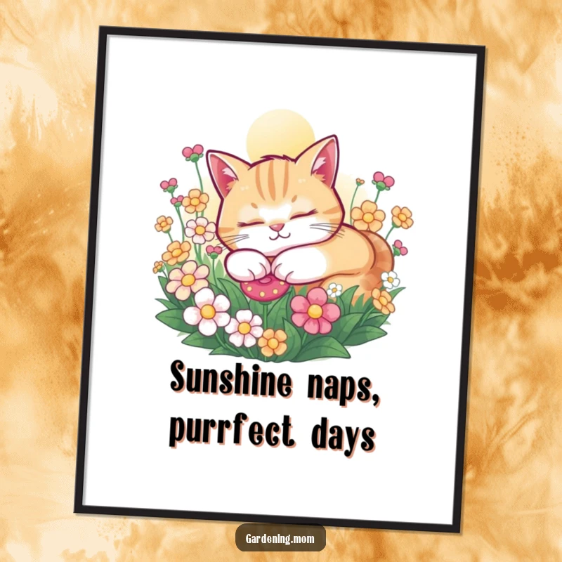 Funny Free Printable Wall Art: A perfectly contented cat deeply asleep in a sunny flower bed, radiating peace.
