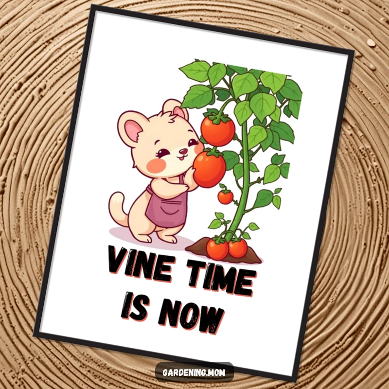 Funny Free Printable Wall Art: Gardening mom animal reaching for a ripe tomato on a vine, focused and cute, ideal downloadable art.